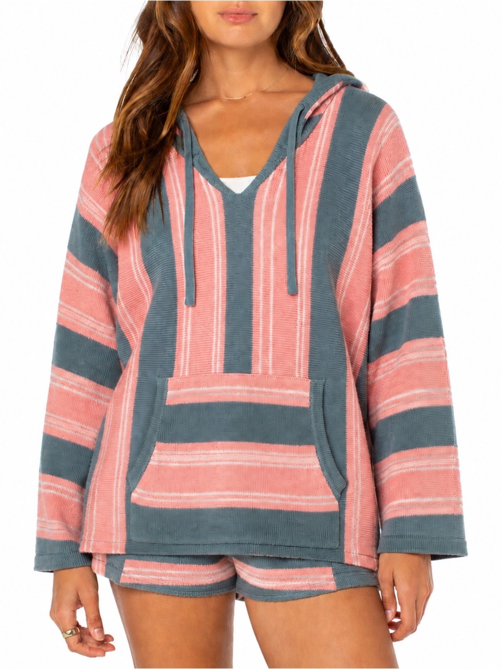 27 Miles Dusty Blue & Coral Striped Hoodie Sweater | Small | Beachy Cotton  $150